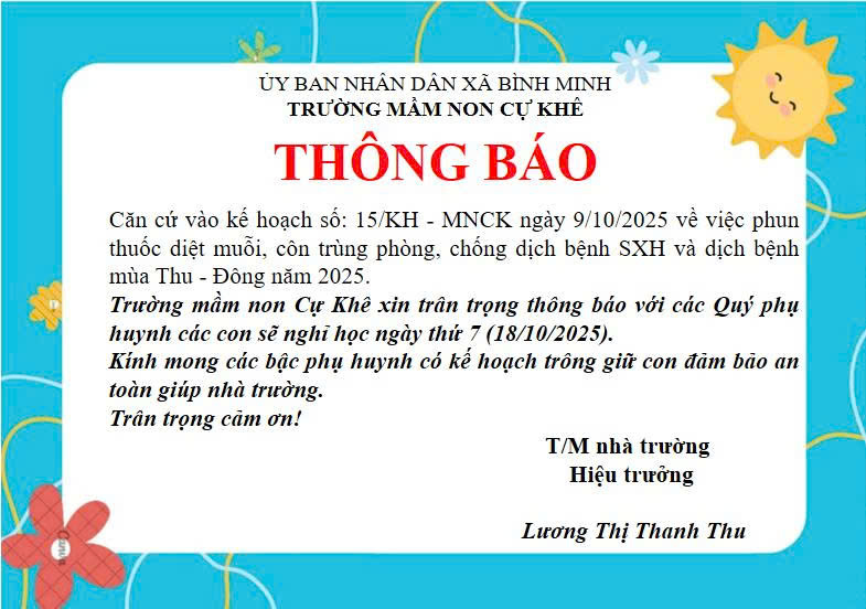Trường Mầm non Cự Khê thông báo lịch phun hoá chất diệt muỗi và côn trùng, phòng chống dịch bệnh SXH và các dịch bệnh mùa thu - đông năm 2025.