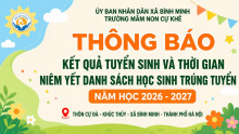 TRƯỜNG MẦM NON CỰ KHÊ THÔNG BÁO KẾT QUẢ TUYỂN SINH NĂM HỌC 2026–2027