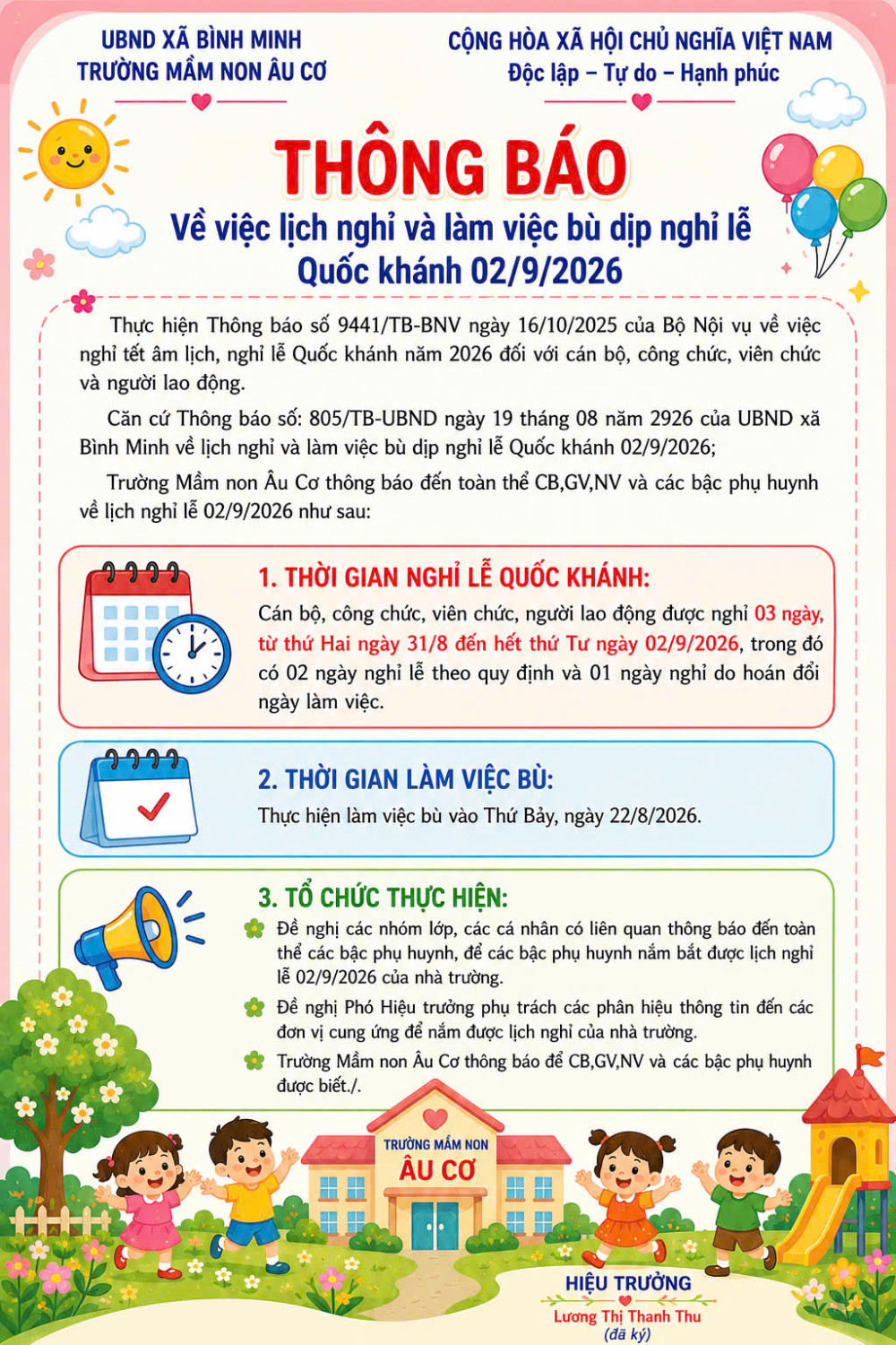 Lịch nghỉ lễ của Trường Mầm non Âu Cơ